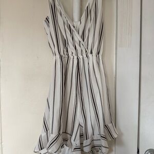 SHEIN White and Black Vertical Striped V neck Sleeveless Wrap One Piece